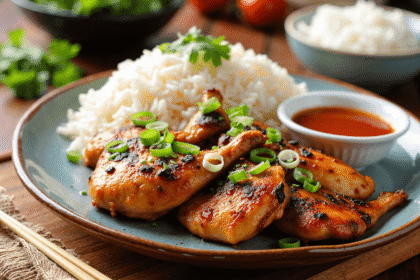 Grilled lemongrass chicken served with jasmine rice and dipping sauce, garnished with green onions and cilantro. Photo by Sam @readyprepmeals.