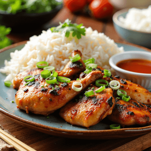 Grilled lemongrass chicken served with jasmine rice and dipping sauce, garnished with green onions and cilantro. Photo by Sam @readyprepmeals.