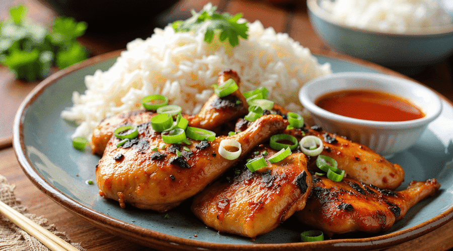 Grilled lemongrass chicken served with jasmine rice and dipping sauce, garnished with green onions and cilantro. Photo by Sam @readyprepmeals.