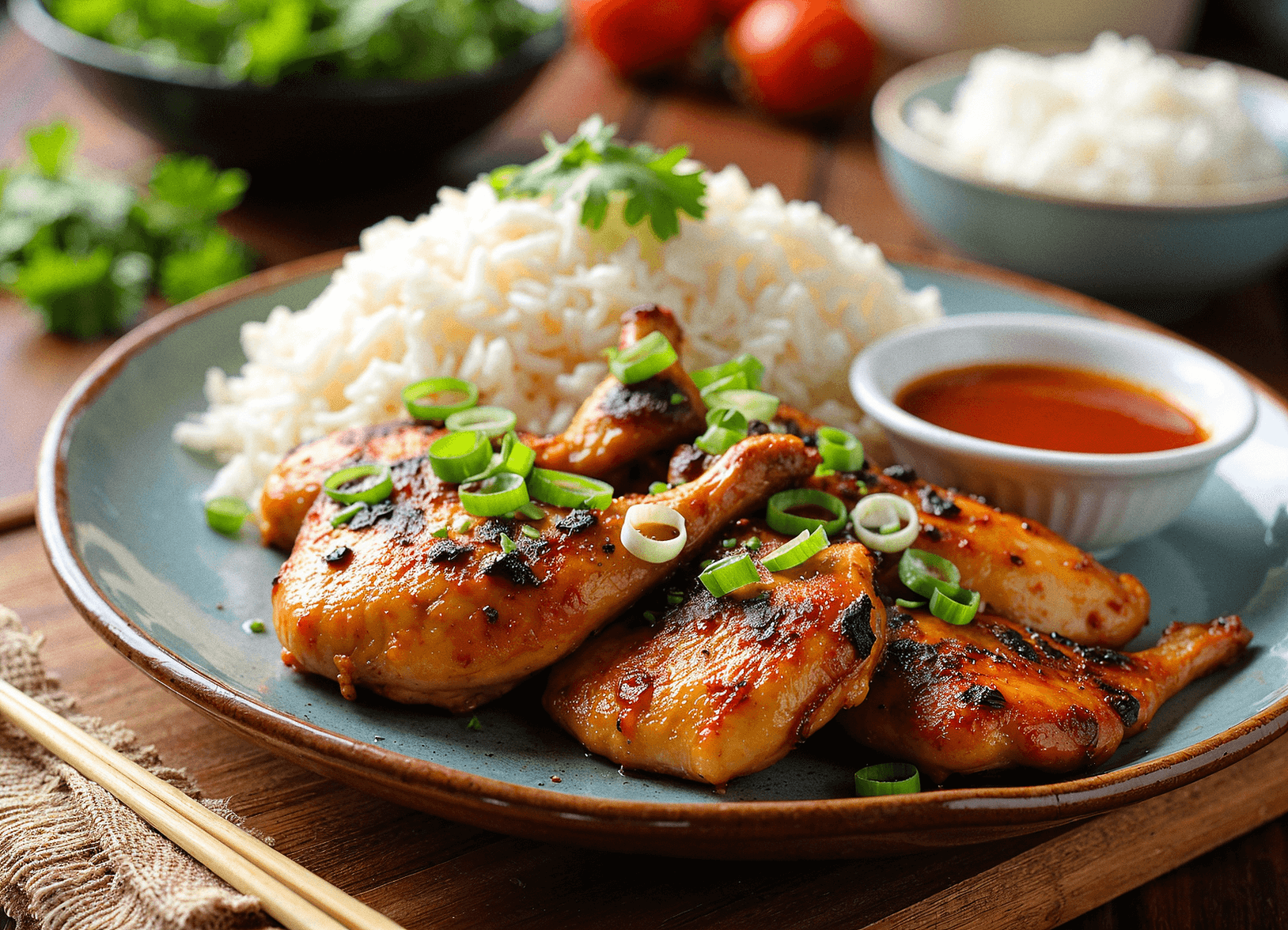 Grilled lemongrass chicken served with jasmine rice and dipping sauce, garnished with green onions and cilantro. Photo by Sam @readyprepmeals.