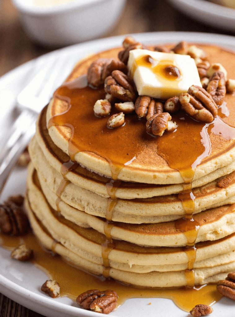 Overhead view of a tall stack of maple bourbon pancakes drizzled with syrup and topped with butter and candied pecans on a rustic breakfast table