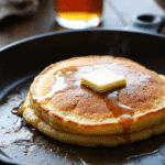 Fluffy maple bourbon pancakes in a skillet with melting butter and maple syrup drizzle, served hot for Father’s Day breakfast