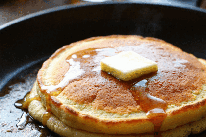 Fluffy maple bourbon pancakes in a skillet with melting butter and maple syrup drizzle, served hot for Father’s Day breakfast