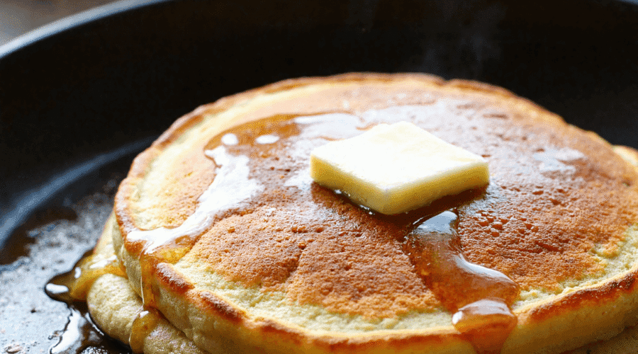 Fluffy maple bourbon pancakes in a skillet with melting butter and maple syrup drizzle, served hot for Father’s Day breakfast