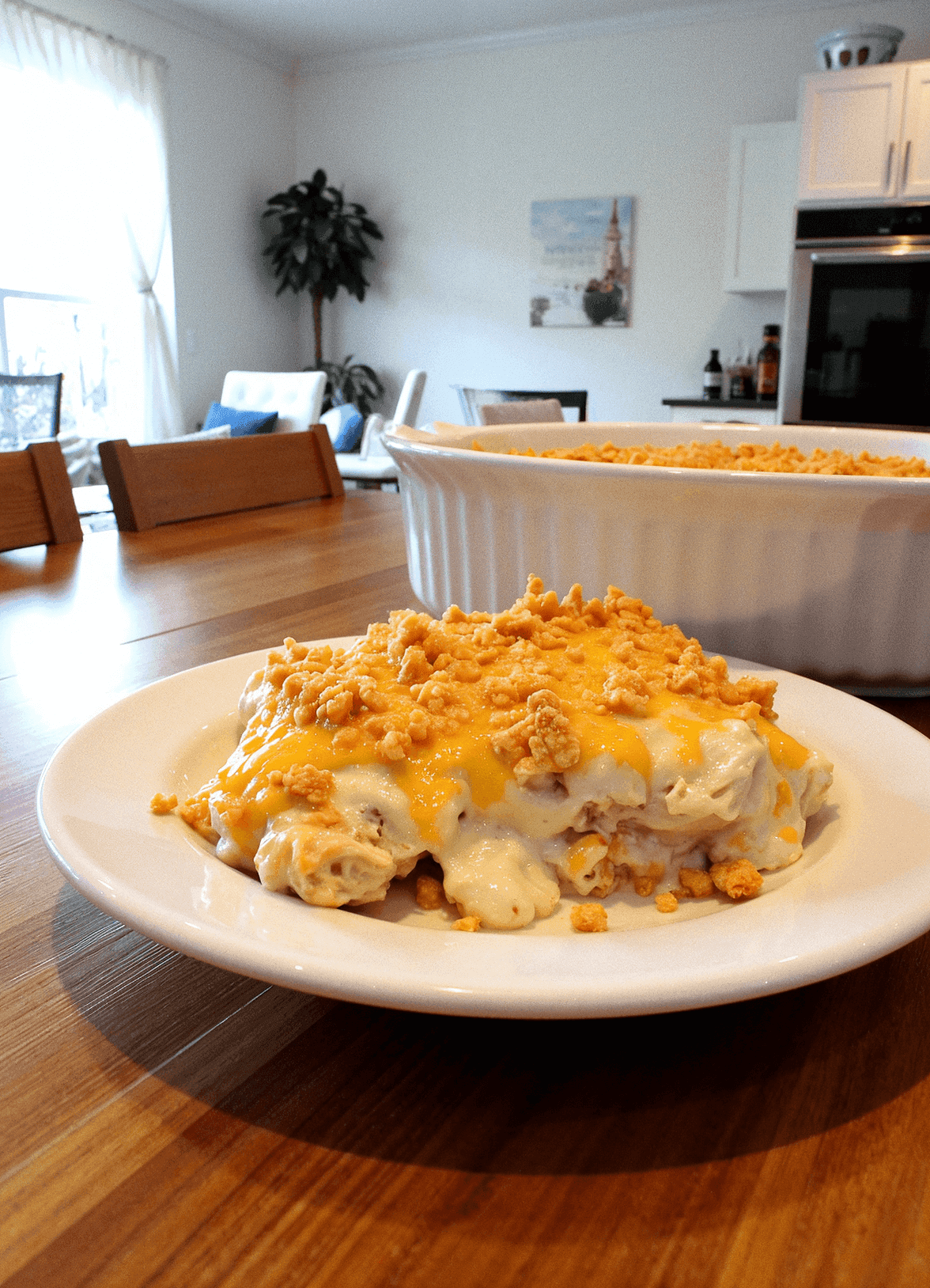 A serving of million dollar chicken casserole on a white plate, featuring creamy chicken filling topped with golden Ritz cracker crumbs, set on a wooden table in a bright, modern kitchen.
