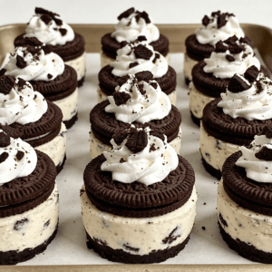 Mini Oreo cheesecakes topped with whipped cream and crushed cookies, arranged on a tray as bite-sized cheesecake desserts for parties
