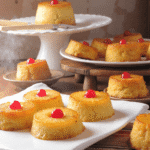 Mini pineapple upside down cakes topped with cherries on a wooden board, golden and caramelized, with pineapple rings and melted brown sugar glaze