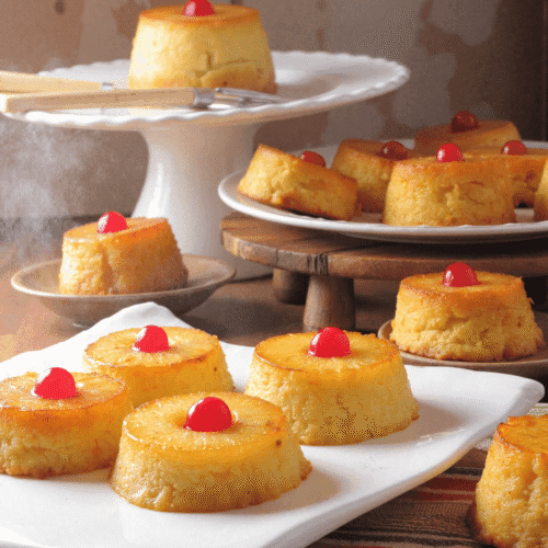 Mini pineapple upside down cakes topped with cherries on a wooden board, golden and caramelized, with pineapple rings and melted brown sugar glaze