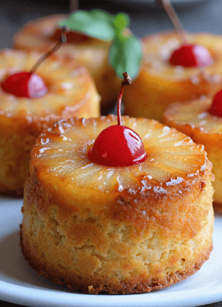 Close-up shot of mini pineapple upside down cakes topped with caramelized pineapple rings and bright cherries, styled on a white plate for Father’s Day dessert.