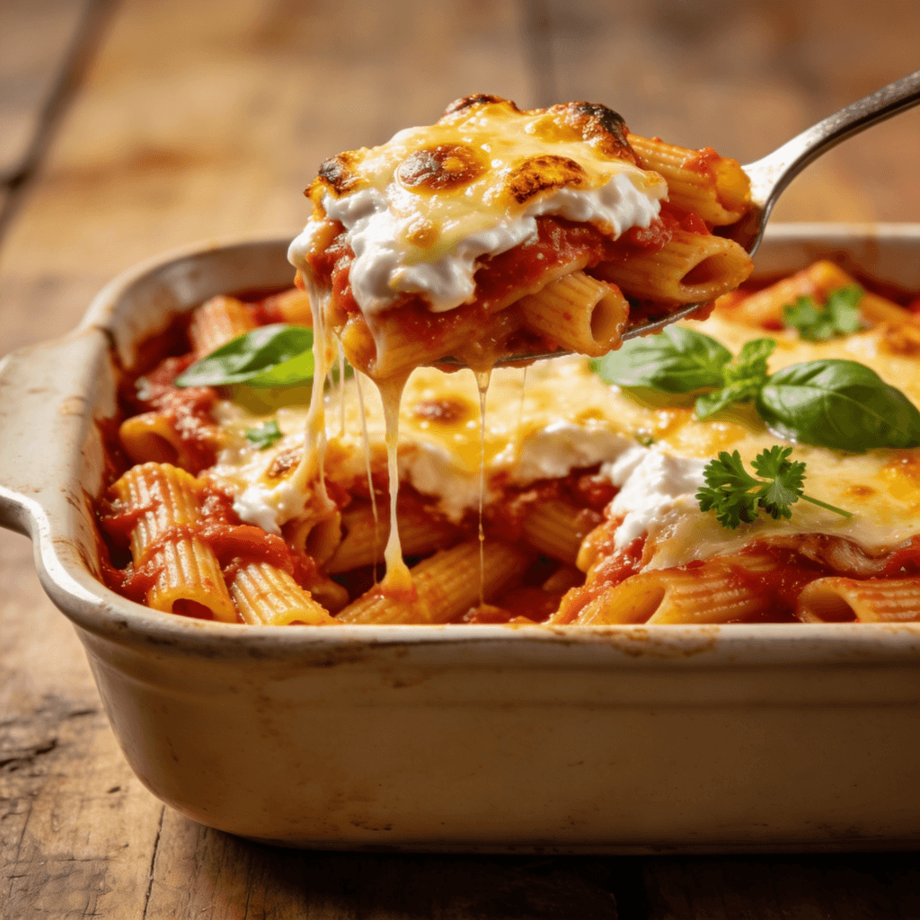 Best Ever Baked Ziti with Ricotta and Mozzarella served in a baking dish with melted cheese and rich tomato sauce, perfect easy baked ziti dinner