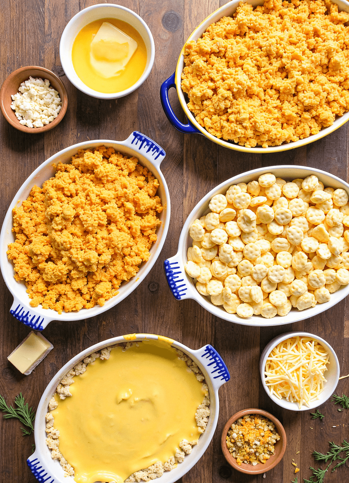 An assortment of casseroles on a wooden surface, each topped with different styles of golden Ritz cracker toppings—crumbled, whole, buttered, and mixed with cheese—surrounded by bowls of ingredients like Ritz crackers, melted butter, shredded cheese, and herbs, set in a bright, clean kitchen.