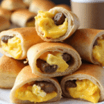 Golden sausage, egg, and cheese breakfast roll-ups sliced open on a wooden board with melted cheddar and savory sausage inside