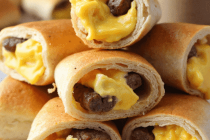 Golden sausage, egg, and cheese breakfast roll-ups sliced open on a wooden board with melted cheddar and savory sausage inside