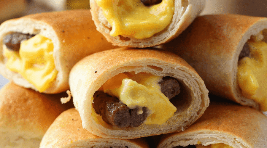 Golden sausage, egg, and cheese breakfast roll-ups sliced open on a wooden board with melted cheddar and savory sausage inside
