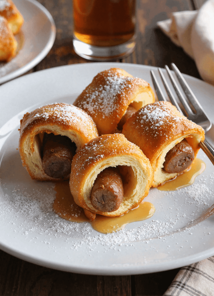 Sausage French Toast Roll-Ups on a white plate with maple syrup drizzle and powdered sugar, served for breakfast.