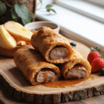 Crispy sausage French toast roll-ups served with maple syrup and fresh fruit on a wooden board.