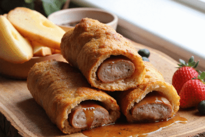 Crispy sausage French toast roll-ups served with maple syrup and fresh fruit on a wooden board.