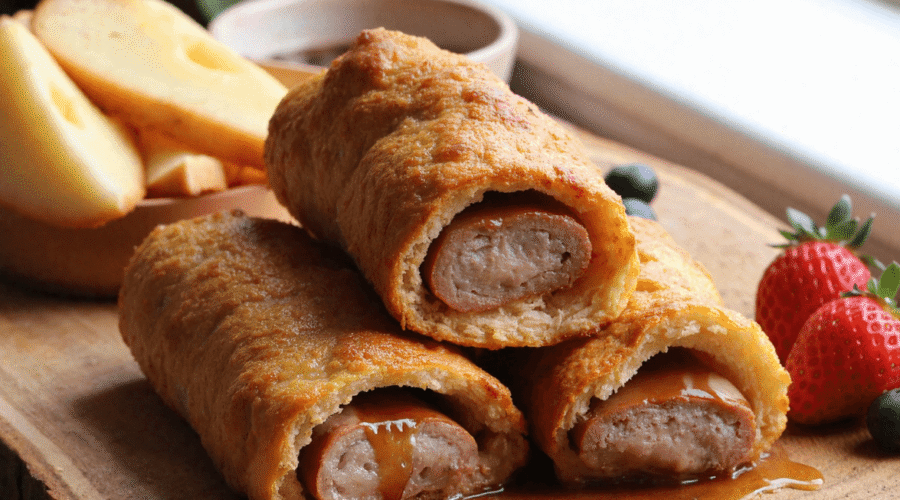 Crispy sausage French toast roll-ups served with maple syrup and fresh fruit on a wooden board.