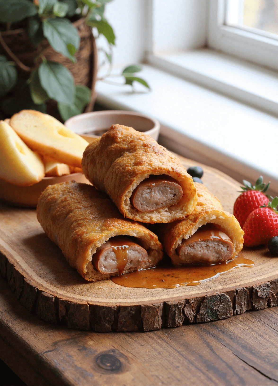 Crispy sausage French toast roll-ups served with maple syrup and fresh fruit on a wooden board.