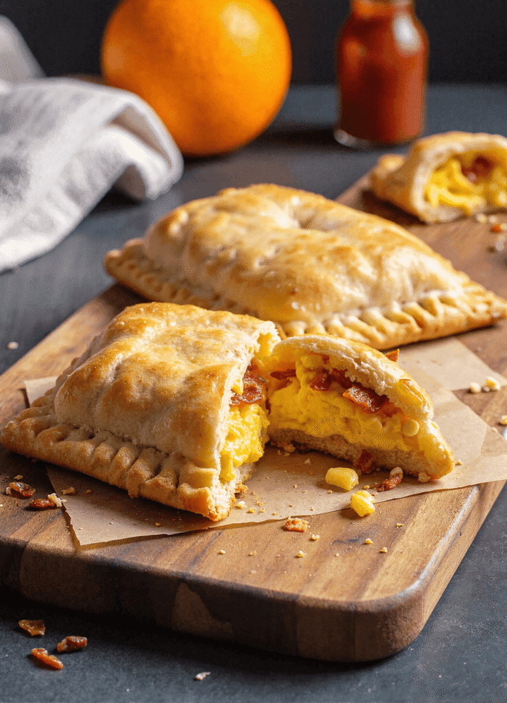 Golden baked savory breakfast pop-tarts filled with scrambled eggs, bacon, and cheese on a wooden board