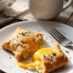 Savory breakfast pop-tarts with runny egg yolks and melted cheese served on a white plate with coffee