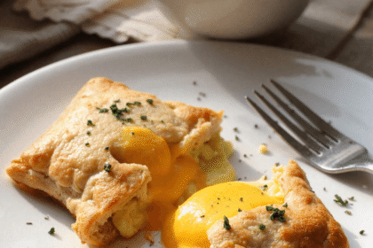 Savory breakfast pop-tarts with runny egg yolks and melted cheese served on a white plate with coffee