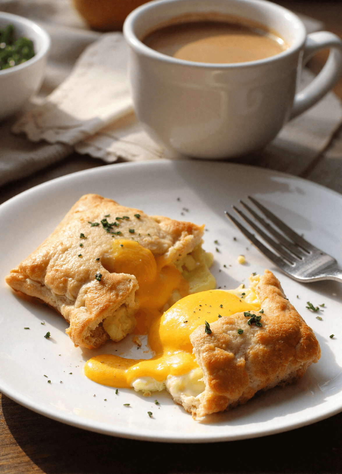 Savory breakfast pop-tarts with runny egg yolks and melted cheese served on a white plate with coffee
