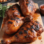 Close-up of char-grilled smoky BBQ chicken thighs glazed with sauce on a wooden board.