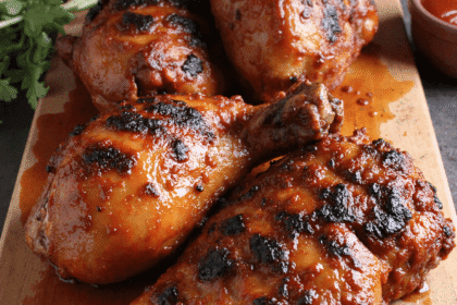 Close-up of char-grilled smoky BBQ chicken thighs glazed with sauce on a wooden board.