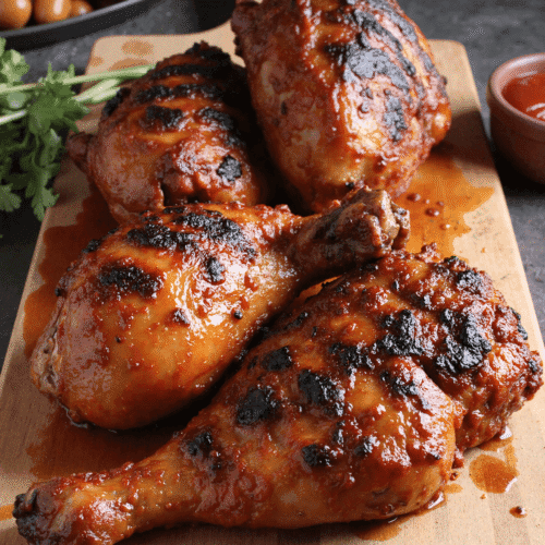 Close-up of char-grilled smoky BBQ chicken thighs glazed with sauce on a wooden board.