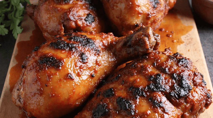 Close-up of char-grilled smoky BBQ chicken thighs glazed with sauce on a wooden board.