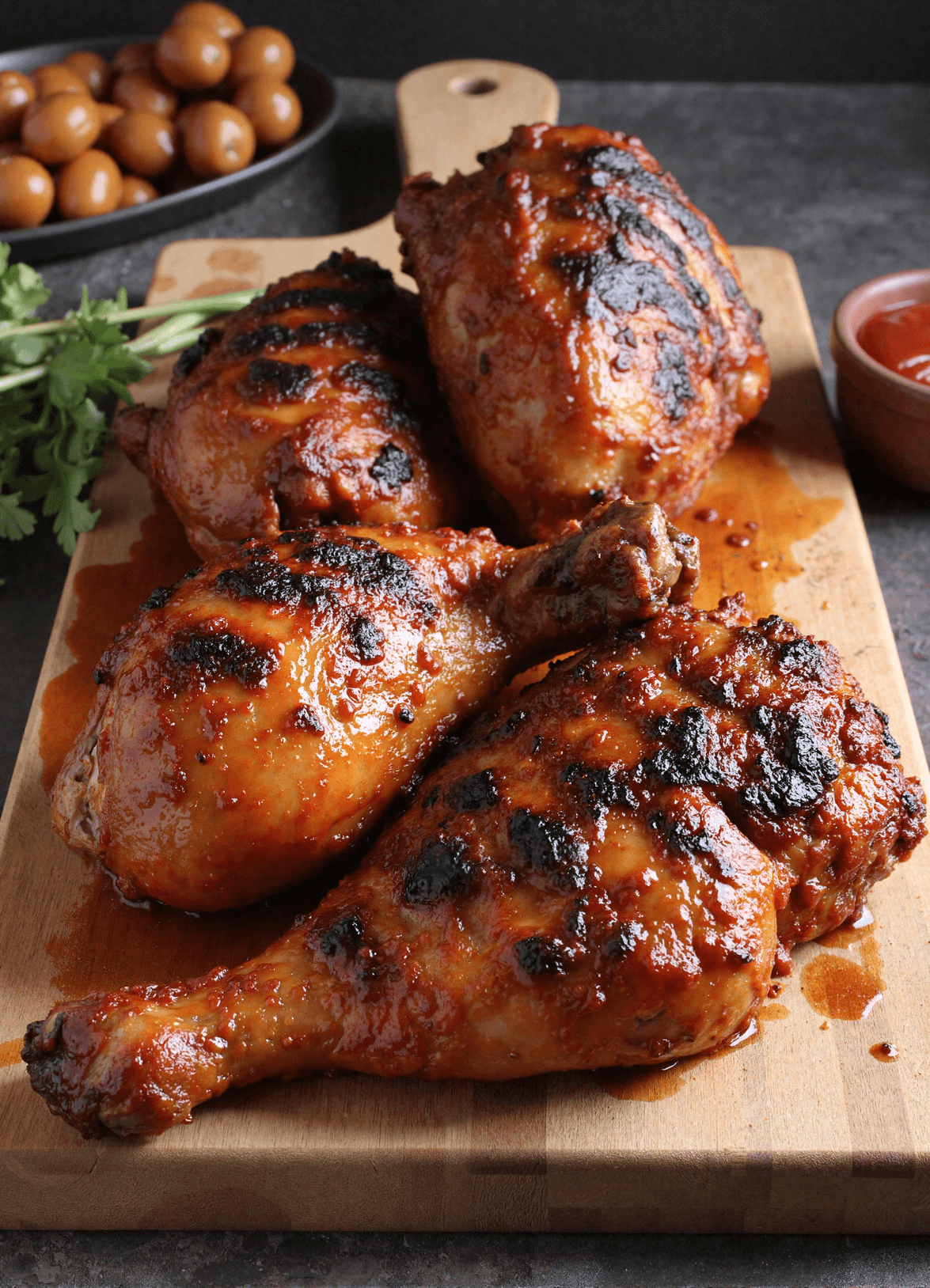 Close-up of char-grilled smoky BBQ chicken thighs glazed with sauce on a wooden board.