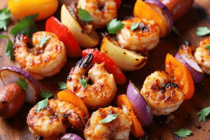 Spicy Grilled Shrimp & Sausage Skewers with Cajun seasoning, bell peppers, and onions on a wooden platter – readyprepmeals