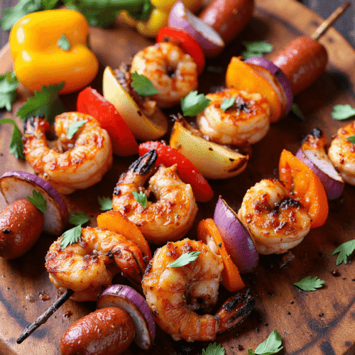 Spicy Grilled Shrimp & Sausage Skewers with Cajun seasoning, bell peppers, and onions on a wooden platter – readyprepmeals