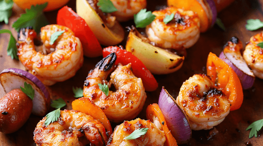 Spicy Grilled Shrimp & Sausage Skewers with Cajun seasoning, bell peppers, and onions on a wooden platter – readyprepmeals