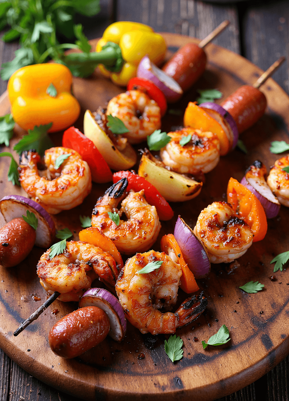 Spicy Grilled Shrimp & Sausage Skewers with Cajun seasoning, bell peppers, and onions on a wooden platter – readyprepmeals