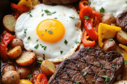 Cast iron skillet with seared steak, sunny-side-up eggs, golden potatoes, and sautéed peppers and onions garnished with parsley