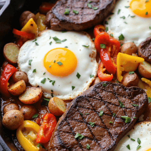 Cast iron skillet with seared steak, sunny-side-up eggs, golden potatoes, and sautéed peppers and onions garnished with parsley
