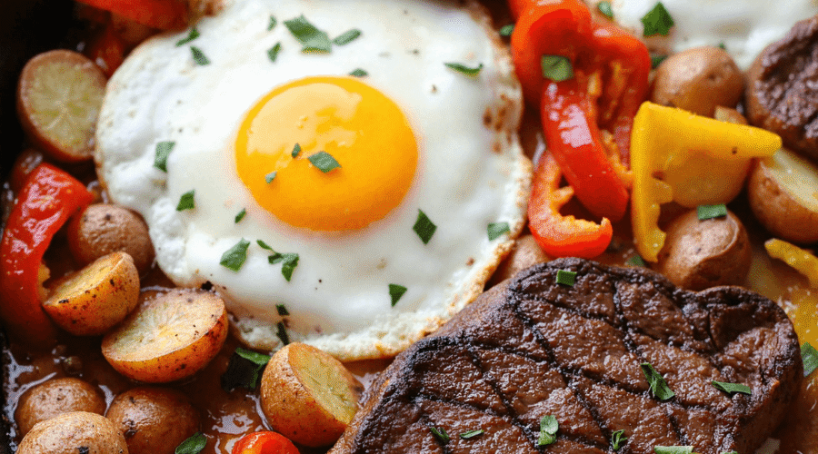 Cast iron skillet with seared steak, sunny-side-up eggs, golden potatoes, and sautéed peppers and onions garnished with parsley