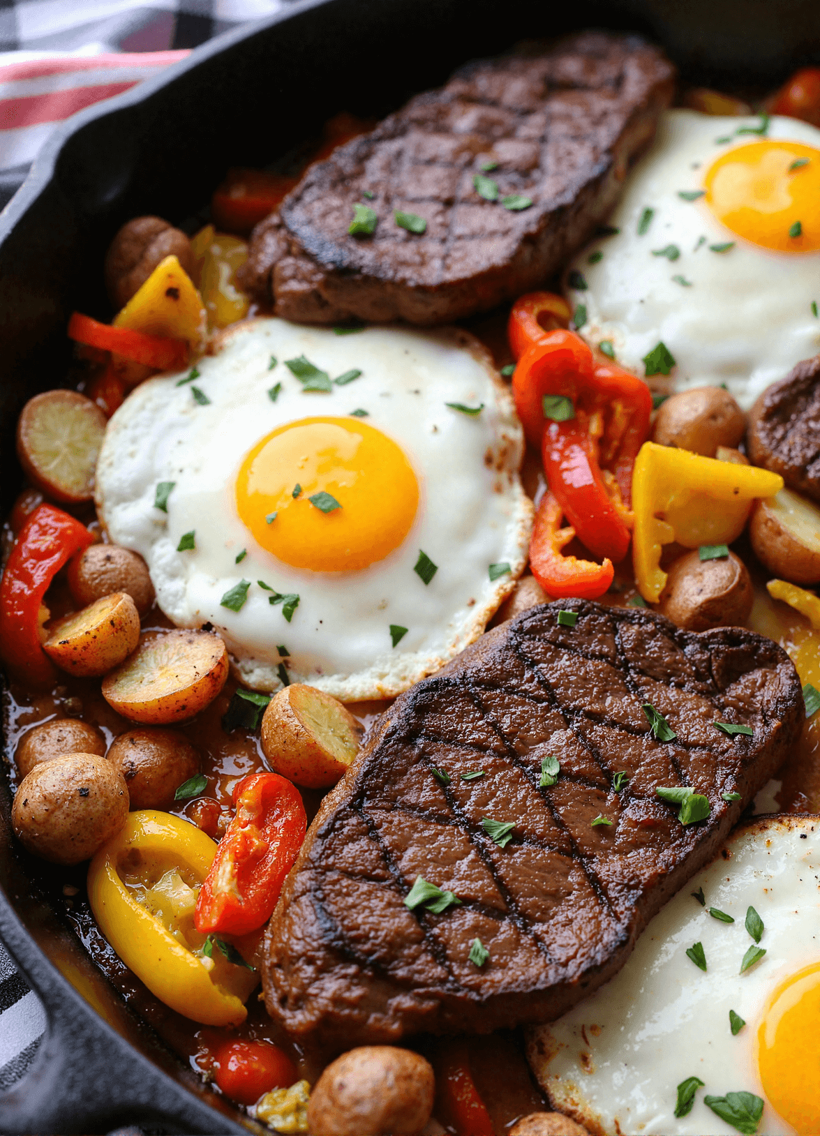 Cast iron skillet with seared steak, sunny-side-up eggs, golden potatoes, and sautéed peppers and onions garnished with parsley