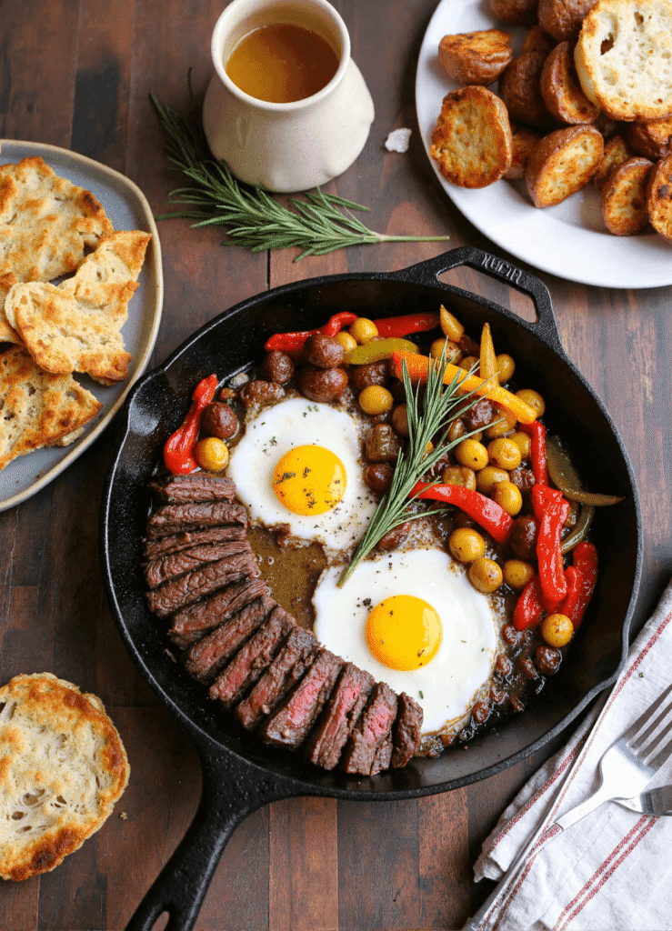 Plated steak and eggs breakfast with roasted potatoes and bell peppers, garnished and served on a rustic brunch table for a hearty Father’s Day meal.