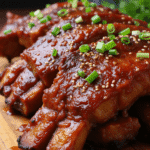 Sticky honey garlic ribs arranged on a rustic wooden platter, glazed with a glossy garlic soy sauce and garnished with chopped green onions and sesame seeds