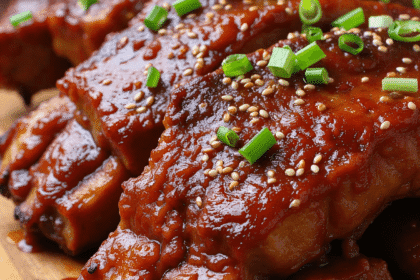Sticky honey garlic ribs arranged on a rustic wooden platter, glazed with a glossy garlic soy sauce and garnished with chopped green onions and sesame seeds