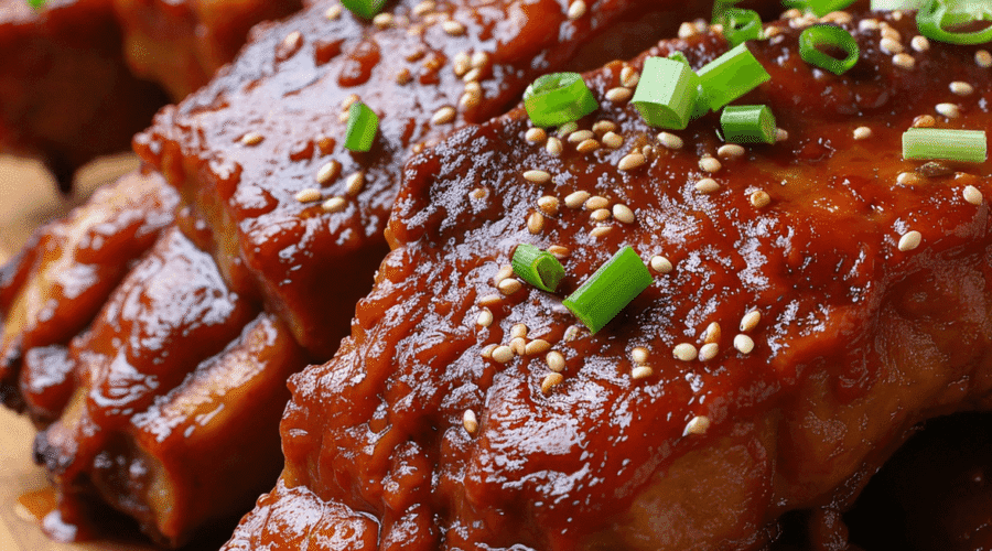 Sticky honey garlic ribs arranged on a rustic wooden platter, glazed with a glossy garlic soy sauce and garnished with chopped green onions and sesame seeds
