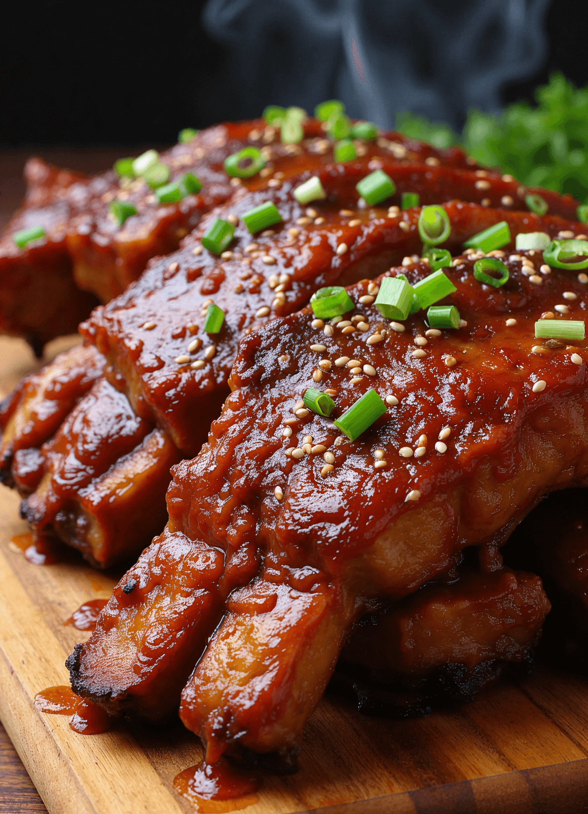 Sticky honey garlic ribs arranged on a rustic wooden platter, glazed with a glossy garlic soy sauce and garnished with chopped green onions and sesame seeds