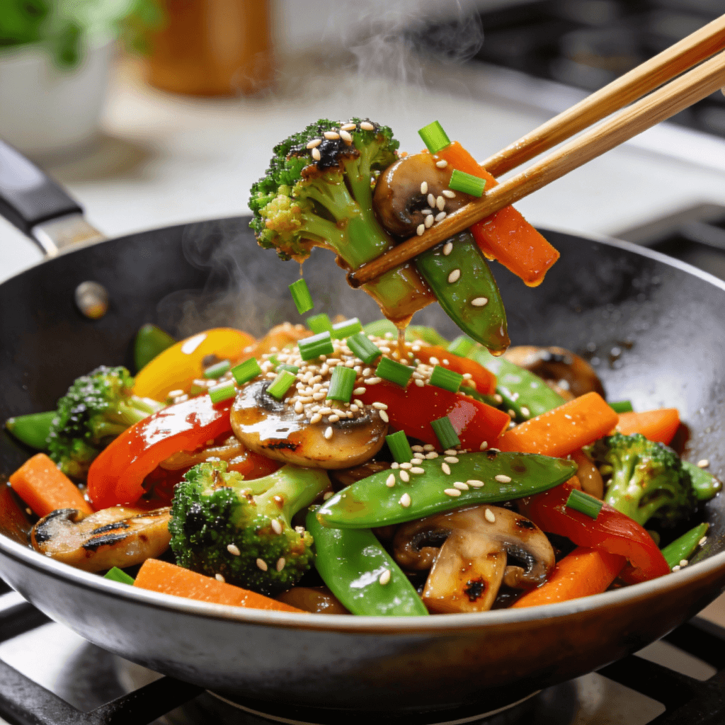 Colorful stir fried vegetables with broccoli, bell peppers, carrots, and snap peas in a glossy sauce, served fresh in a bowl