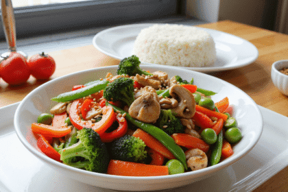 Colorful stir-fried vegetables including broccoli, bell peppers, snap peas, carrots, and mushrooms in a garlic soy sauce, garnished with sesame seeds. Photo by @readyprepmeals.