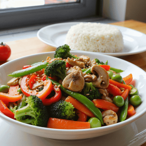 Colorful stir-fried vegetables including broccoli, bell peppers, snap peas, carrots, and mushrooms in a garlic soy sauce, garnished with sesame seeds. Photo by @readyprepmeals.