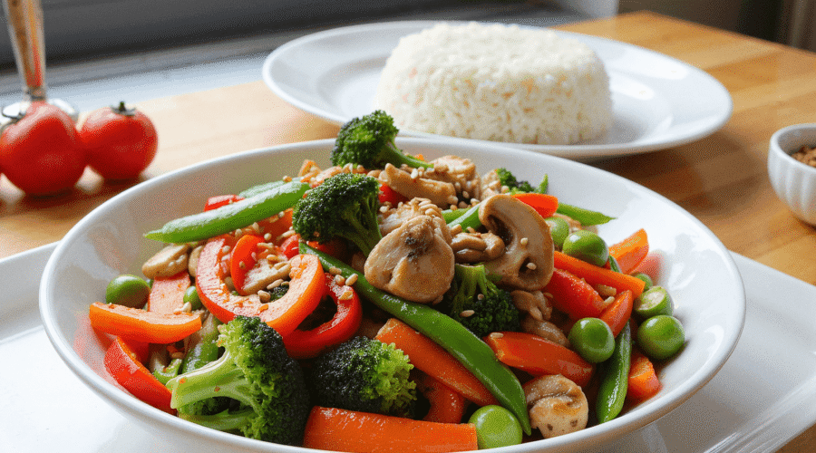 Colorful stir-fried vegetables including broccoli, bell peppers, snap peas, carrots, and mushrooms in a garlic soy sauce, garnished with sesame seeds. Photo by @readyprepmeals.