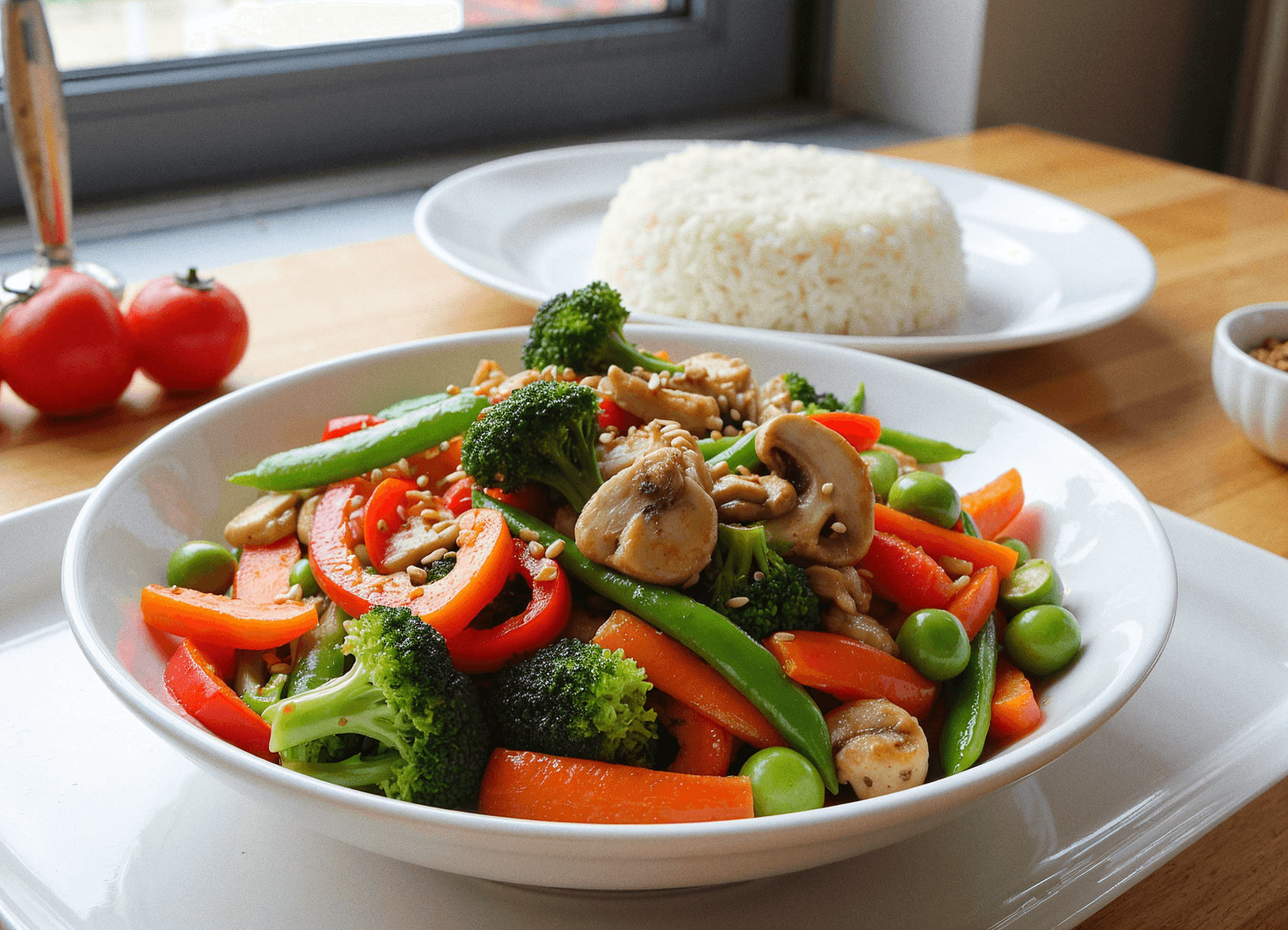 Colorful stir-fried vegetables including broccoli, bell peppers, snap peas, carrots, and mushrooms in a garlic soy sauce, garnished with sesame seeds. Photo by @readyprepmeals.